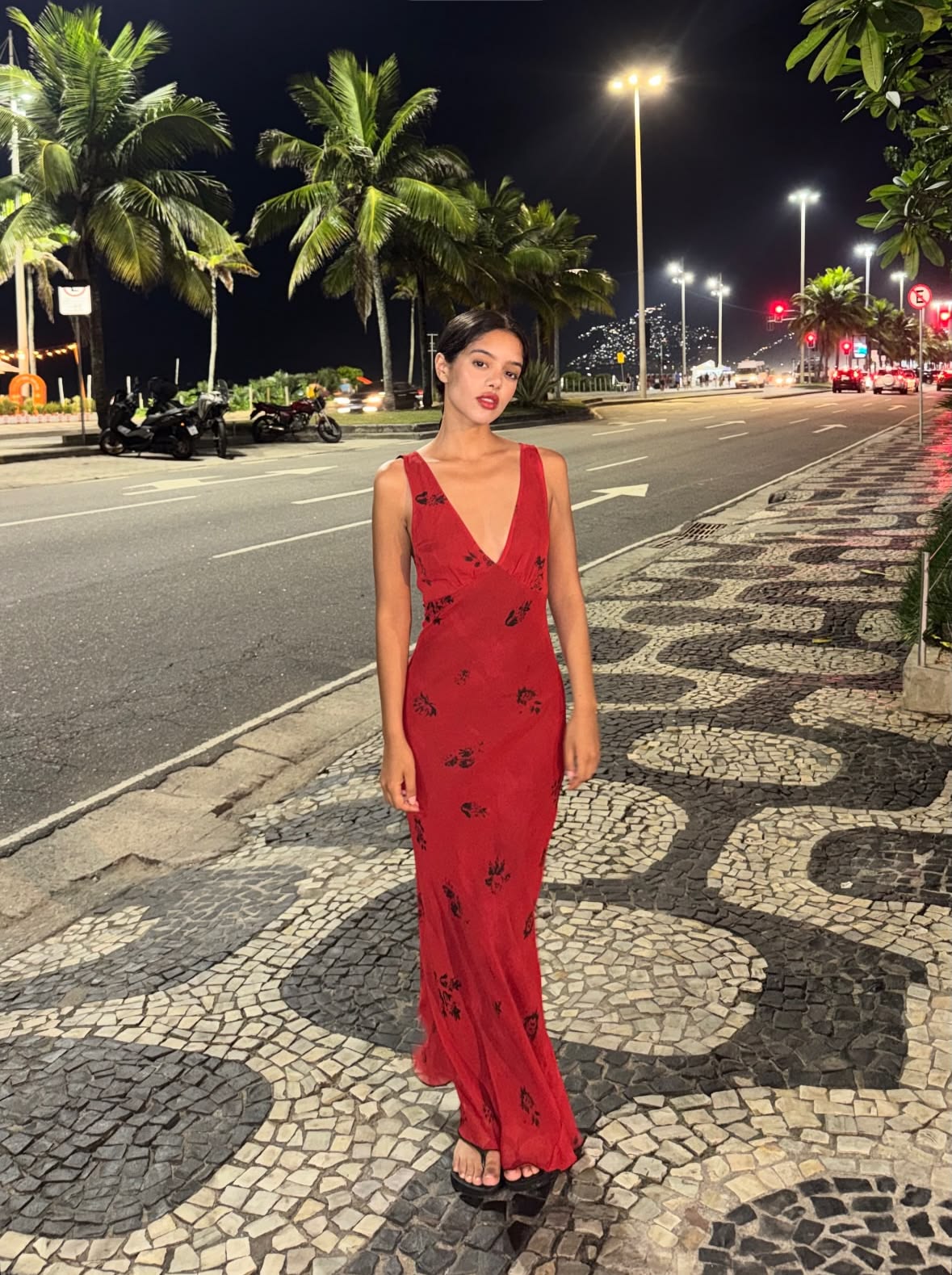 Red Print Sheath V Neck Chiffon Long Prom Dress Evening Dress Outfits SH7252