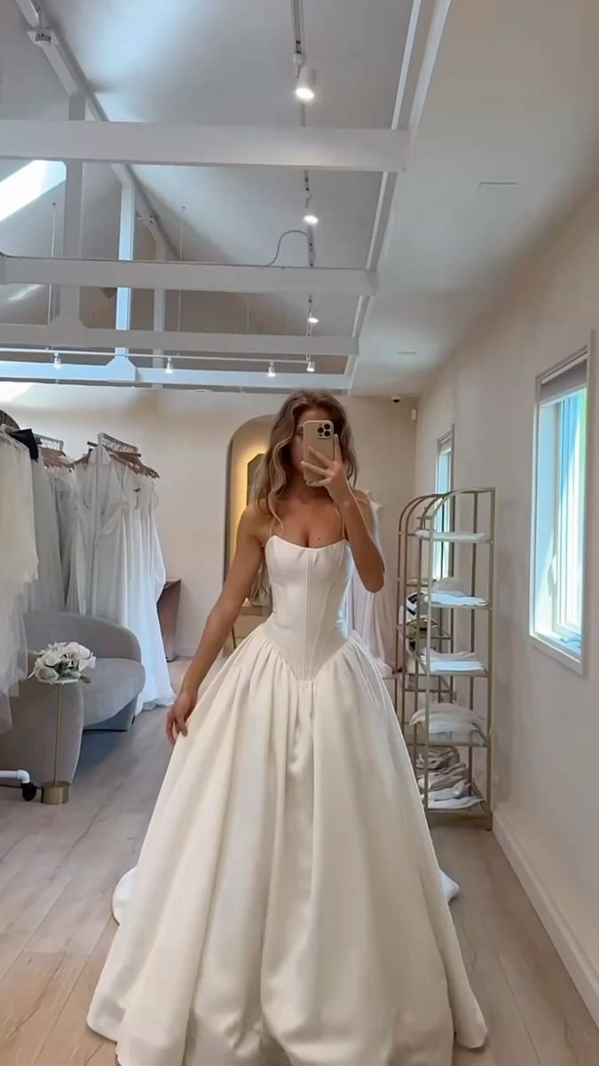 Simple A Line Strapless Corset White Satin Long Wedding Dress SH8692