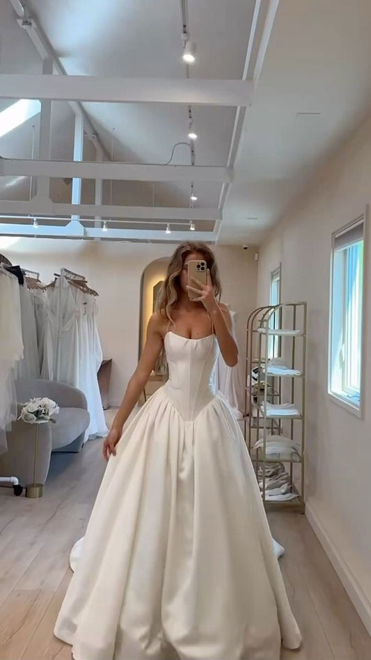 Simple A Line Strapless Corset White Satin Long Wedding Dress SH8692