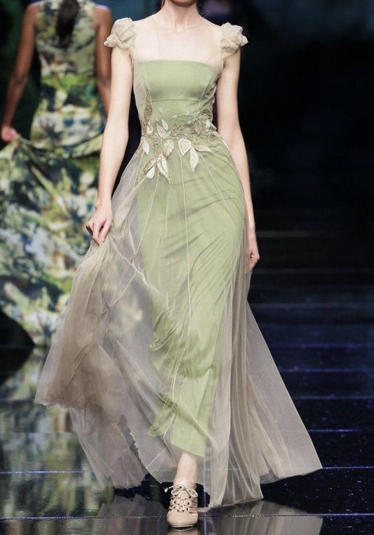 Fairy A Line Puff Sleeve Appliques Green Satin Tulle Long Prom Dress Prom Dress SH2647