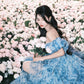 Romantic A Line Puff Sleeve Print Flower Blue Chiffon Party Dress Evening Dress with Slit SH2866