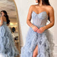 Blue A Line Strapless Ruffle Tulle Long Prom Dresses with Slit SH1716