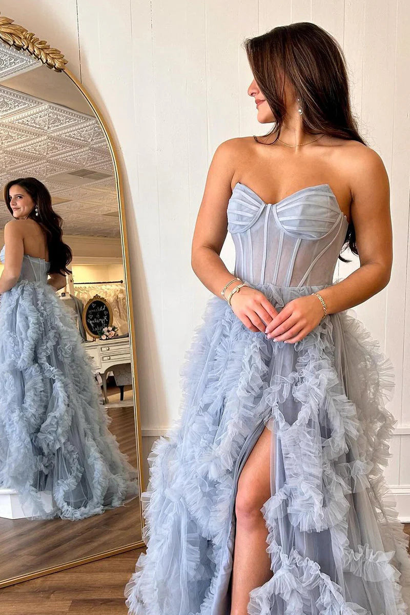 Blue A Line Strapless Ruffle Tulle Long Prom Dresses with Slit SH1716