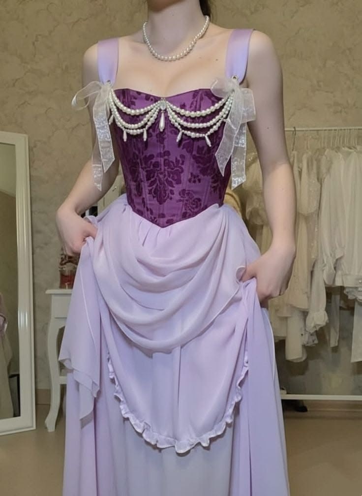Vintage A Line Straps Pearl Purple Printed Chiffon Long Prom Dress Date Dress SH7435