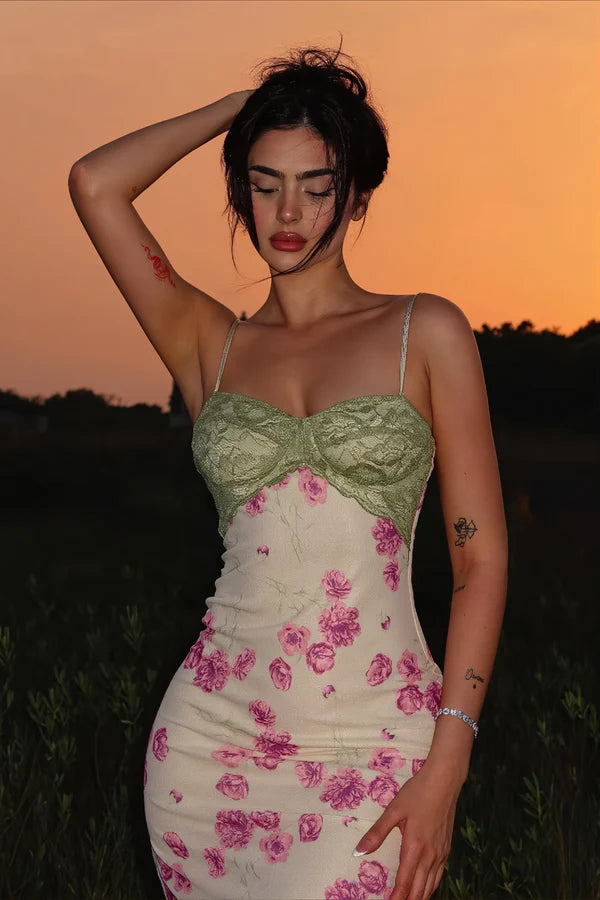 Pink Print Floral Sheath Straps Satin Prom Dress Evening Dress SH5765