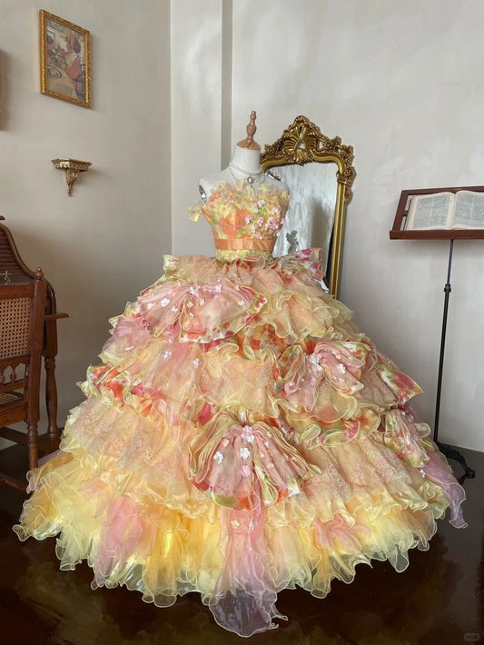 Romantic Yellow Colorful Flower Sweetheart Neck Ball Gown Layered Organza Prom Dress Birthday Dress SH3633