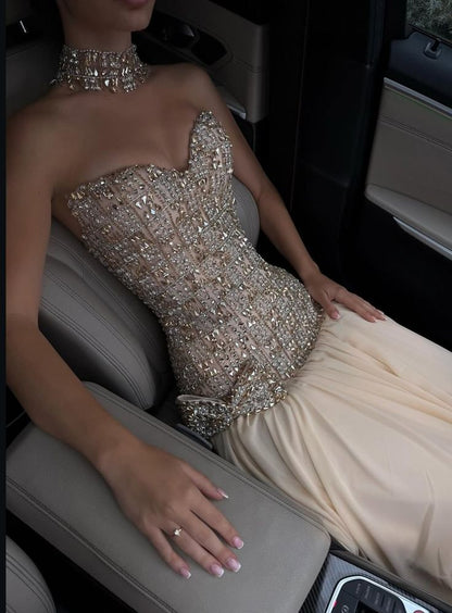 Shiny Rhinestone A Line Sweetheart Neck Apricot Chiffon Long Prom Dress Evening Dress SH7049