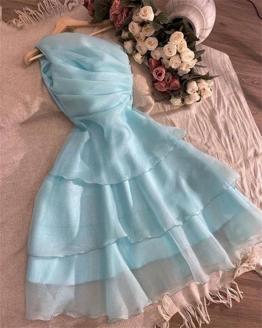 Blue A Line One Shoulder Tiered Organza Short Homecoming Dress Outfits SH1923