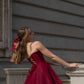 Burgundy A Line Strapless Satin Tulle Mini Homecoming Dress Cocktail Dress SH3724