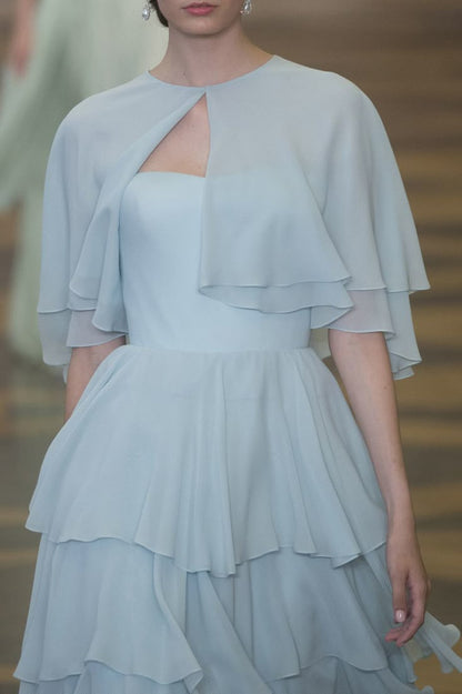 Gentle Baby Blue A Line Strapless Layered Chiffon Prom Dress Evening Dress with Cape SH3651