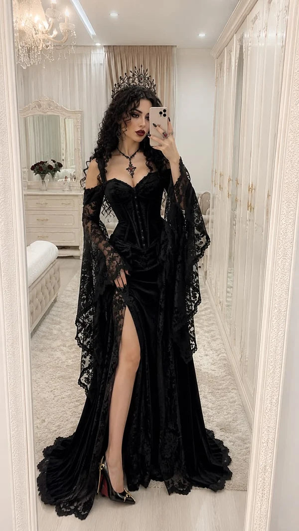 Charming Black Mermaid Lace Velvet Long Prom Dress Evening Dress with Slit SH7087