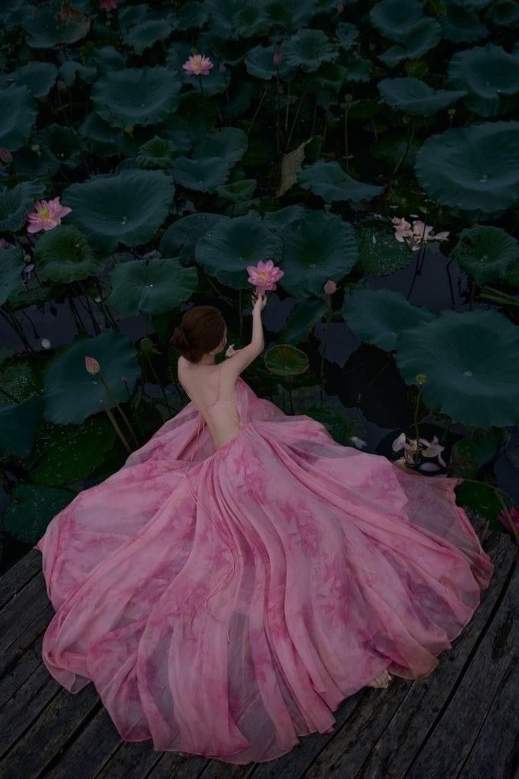 Gentle A Line Spaghetti Strap Print Flower Pink Chiffon Open Back Party Dress Evening Dress SH2870