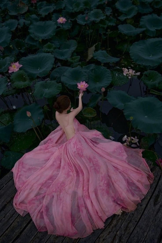 Gentle A Line Spaghetti Strap Print Flower Pink Chiffon Open Back Party Dress Evening Dress SH2870