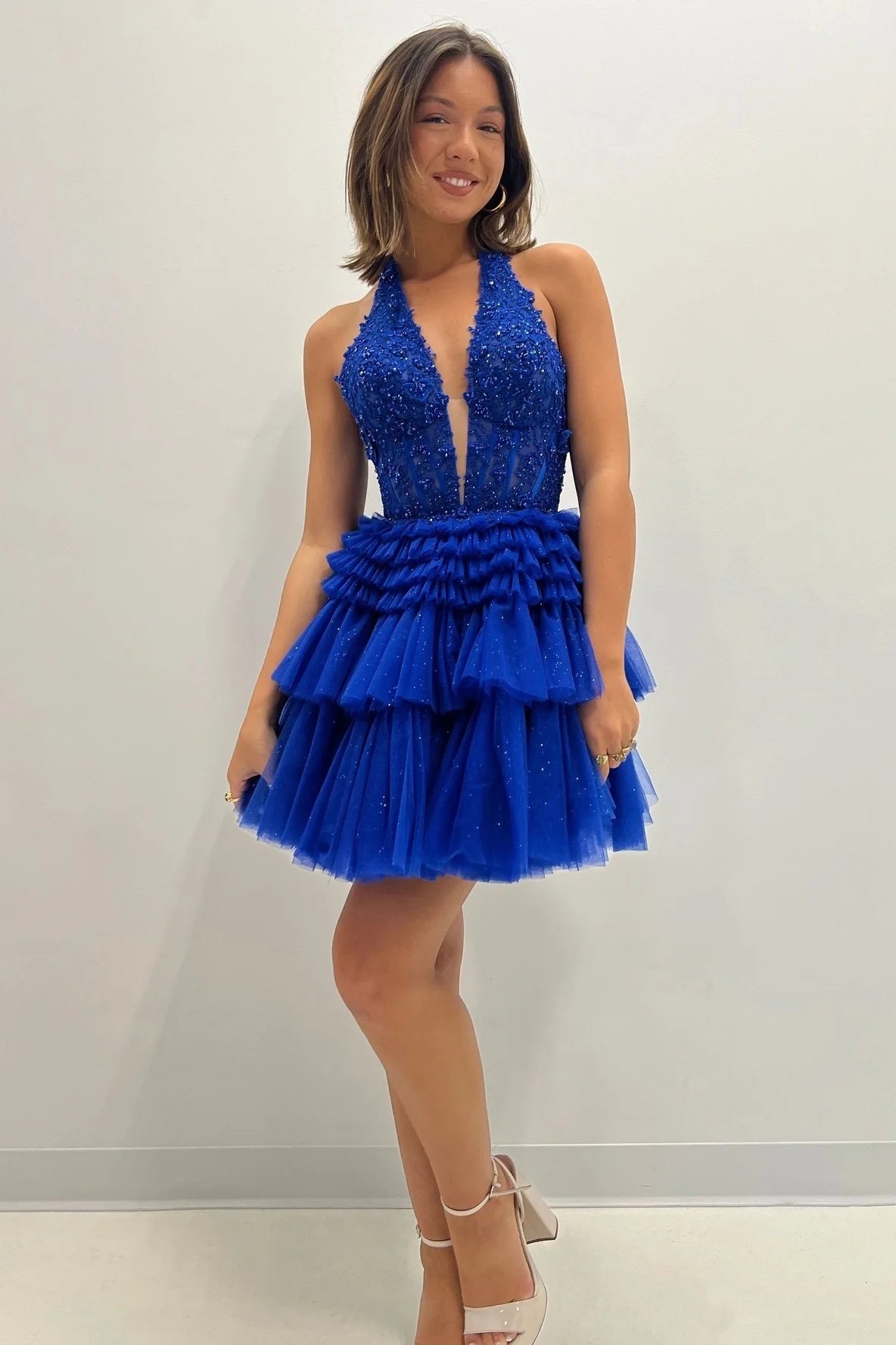 Blue A Line Halter Lace Layered Tulle Short Homecoming Dress Outfits SH6245