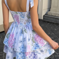Purple A Line Spaghetti Strap Layered Print Satin Short Prom Dress Homecoming Dress SH8620