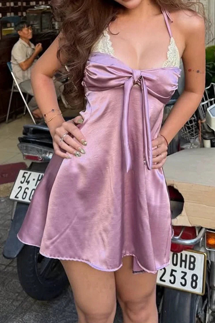 Purple A Line Spaghetti Strap Lace Satin Backless Short Prom Dress Homecoming Dress SH8588
