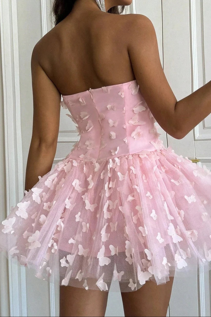 3D Butterfly A Line Strapless Pink Tulle Short Prom Dress Homecoming Dress SH8635