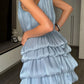 Unique Grey A Line Halter Layered Satin Short Prom Dress Homecoming Dress SH8610