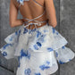 Romantic A Line V Neck Blue Print Tulle Short Prom Dress Homecoming Dress SH8628