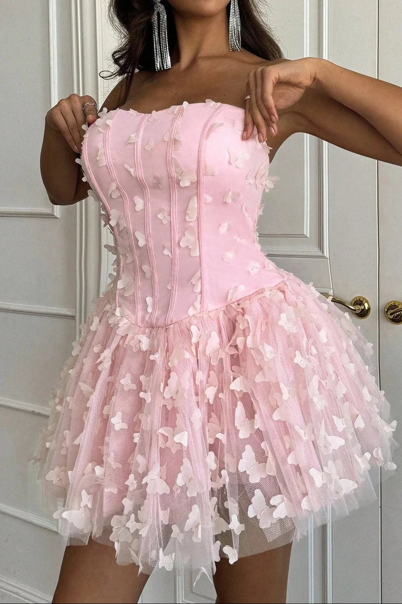 3D Butterfly A Line Strapless Pink Tulle Short Prom Dress Homecoming Dress SH8635