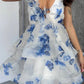 Romantic A Line V Neck Blue Print Tulle Short Prom Dress Homecoming Dress SH8628