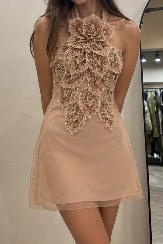 Mocha A Line Halter Exquisite Appliques Satin Short Prom Dress Homecoming Dress SH8592