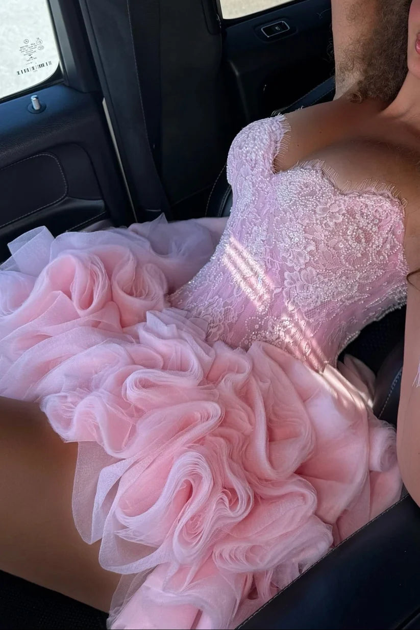 Sweety Pink A Line Strapless Beaded Lace Tulle Short Prom Dress Homecoming Dress SH8631