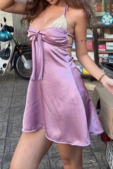 Purple A Line Spaghetti Strap Lace Satin Backless Short Prom Dress Homecoming Dress SH8588