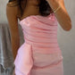 Simple Pink Sheath Strapless Pleated Satin Short Prom Dress Homecoming Dress SH8619