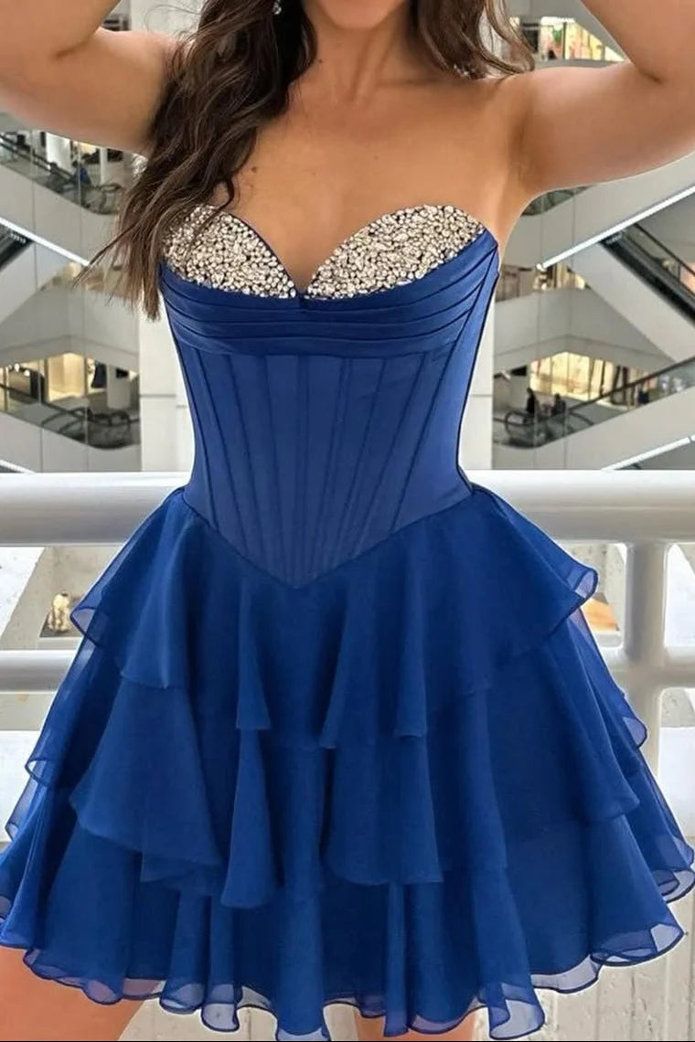 Dark Blue A Line Strapless Beaded Layered Chiffon Short Prom Dress Homecoming Dress SH8621