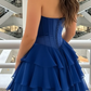 Dark Blue A Line Strapless Beaded Layered Chiffon Short Prom Dress Homecoming Dress SH8621