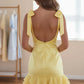 Yellow Satin Mini Dress with Bow Straps and Ruffled Hem SH7754