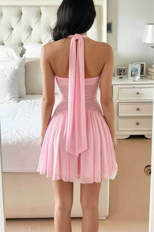 Pink A Line Strapless Sweetheart Pleated Fit and Flare Mini Dress Homecoming Dress SH7755