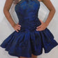 Navy Blue A Line Halter Beaded Print Satin Short Prom Dress Homecoming Dress SH8607