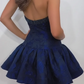 Navy Blue A Line Halter Beaded Print Satin Short Prom Dress Homecoming Dress SH8607
