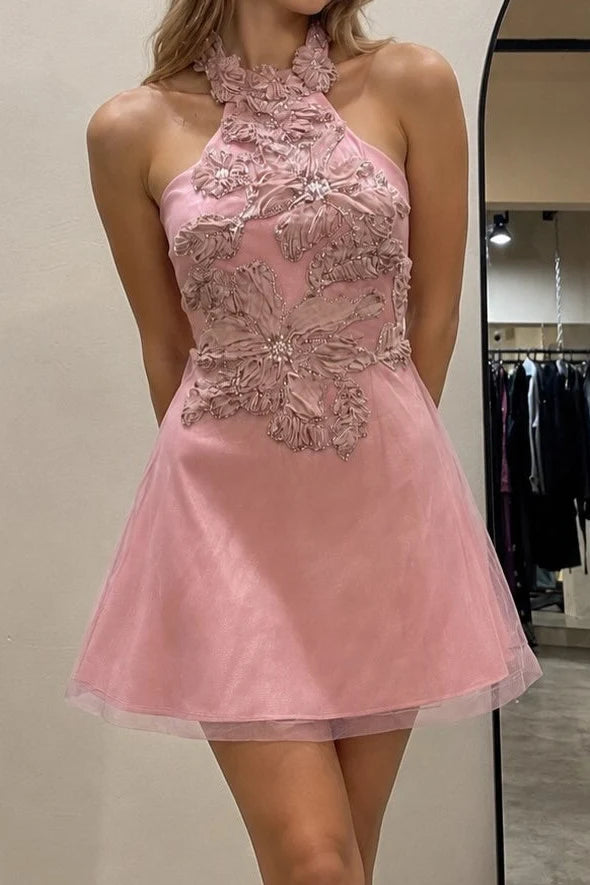 Pink A Line Halter Exquisite Appliques Tulle Short Prom Dress Homecoming Dress SH8593