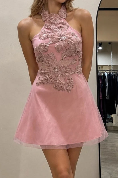 Pink A Line Halter Exquisite Appliques Tulle Short Prom Dress Homecoming Dress SH8593
