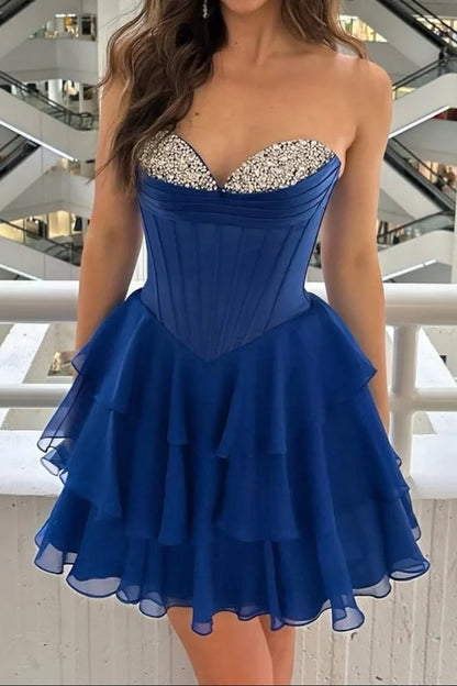 Dark Blue A Line Strapless Beaded Layered Chiffon Short Prom Dress Homecoming Dress SH8621