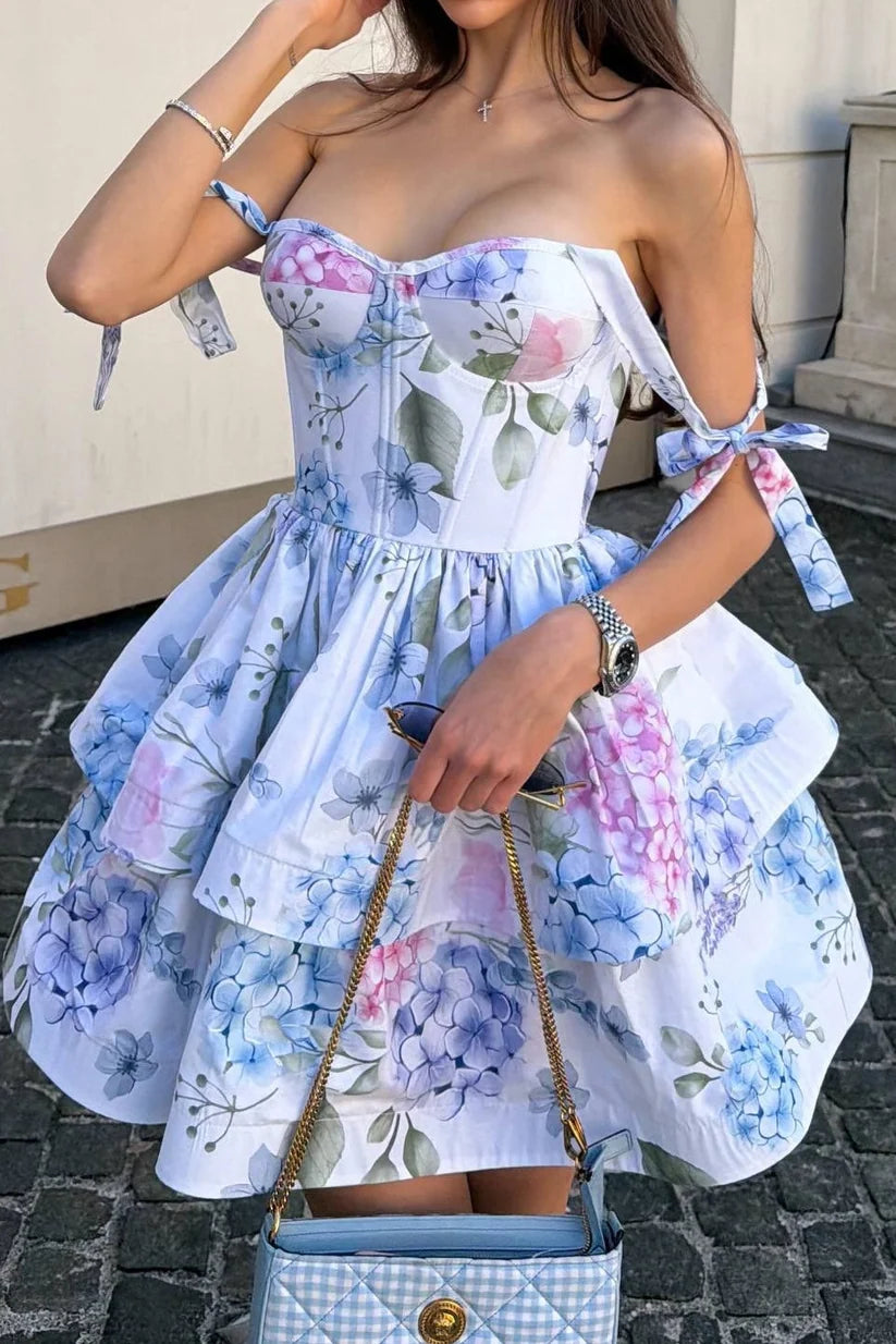 Purple A Line Spaghetti Strap Layered Print Satin Short Prom Dress Homecoming Dress SH8620
