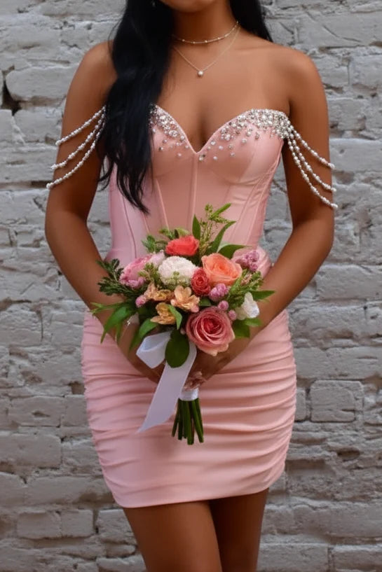 Pink Sheath Off the Shoulder Corset Pearl Satin Short Prom Dress Homecoming Dress SH8622