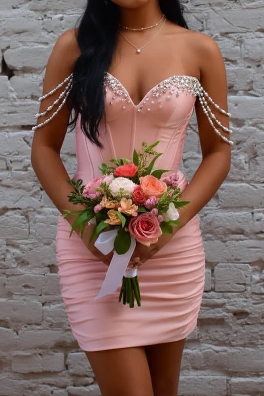 Pink Sheath Off the Shoulder Corset Pearl Satin Short Prom Dress Homecoming Dress SH8622