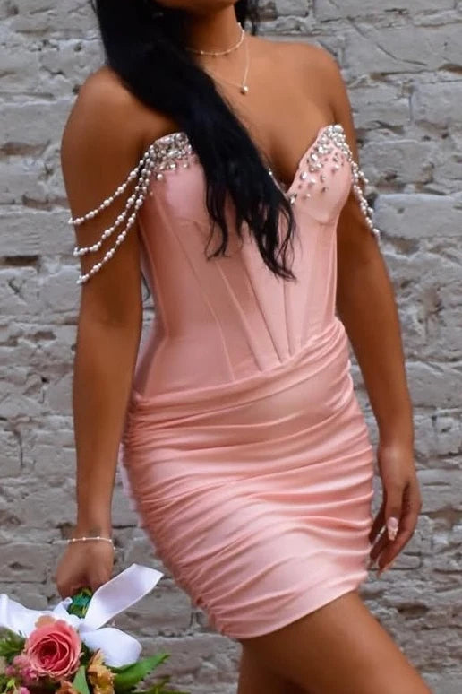 Pink Sheath Off the Shoulder Corset Pearl Satin Short Prom Dress Homecoming Dress SH8622