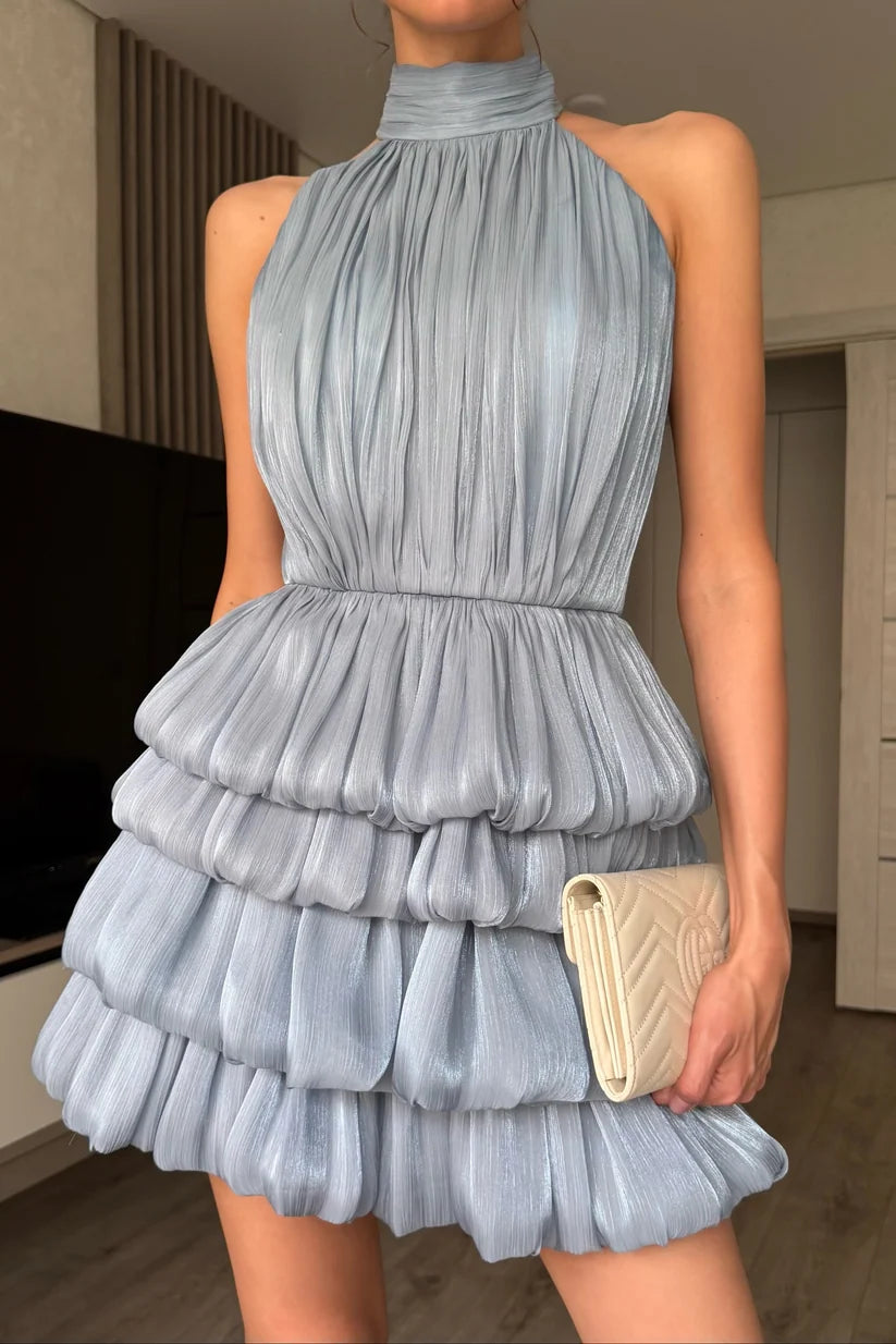 Unique Grey A Line Halter Layered Satin Short Prom Dress Homecoming Dress SH8610