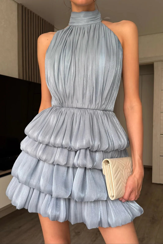 Unique Grey A Line Halter Layered Satin Short Prom Dress Homecoming Dress SH8610