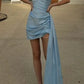 Stunning Blue Sheath Strapless Pearl Pleated Satin Short Prom Dress Homecoming Dress SH8598