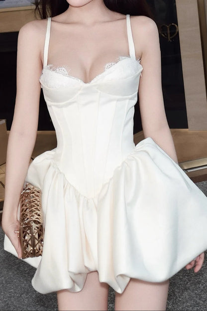 Ivory A Line Spaghetti Strap Corset Satin Short Prom Dress Homecoming Dress SH8587