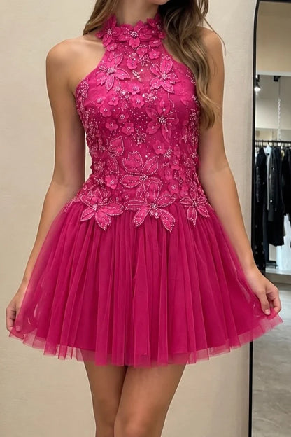 Hot Pink A Line Halter Beaded Sequin Tulle Short Prom Dress Homecoming Dress SH8594