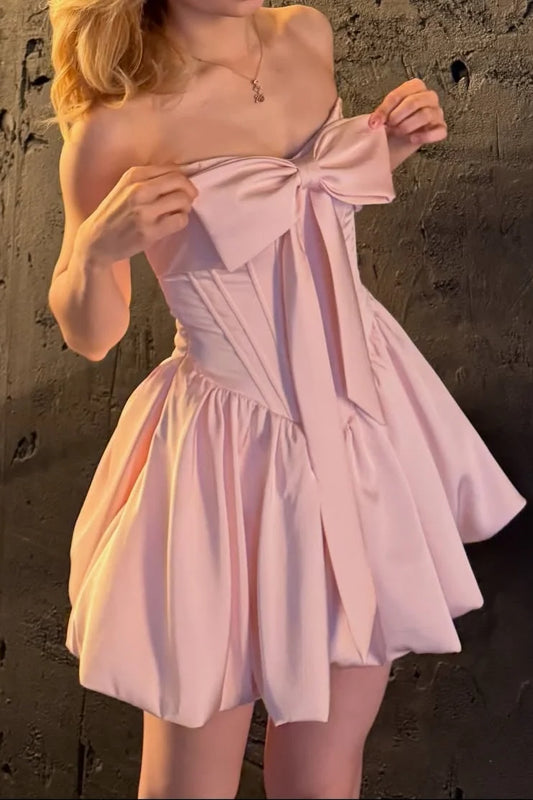 Cute Pink Bow Knot A Line Strapless Satin Short Prom Dress Homecoming Dress SH8626