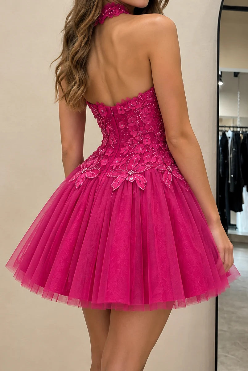 Hot Pink A Line Halter Beaded Sequin Tulle Short Prom Dress Homecoming Dress SH8594