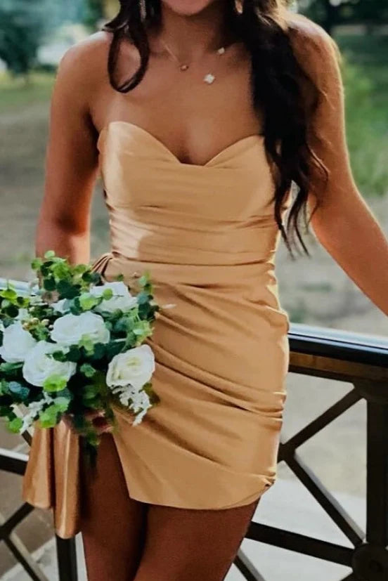 Light Brown Sheath Sweetheart Neck Pleated Satin Short Prom Dress Homecoming Dress SH8623